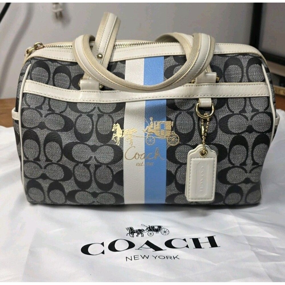 Coach Signature Blue/White Zip-Top Satchel Top Handle Bag 2 Hangtags #13190